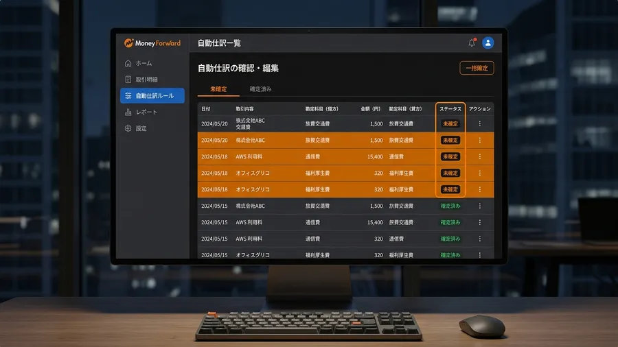 日本語の文字が含まれる確定申告の仕訳画面。未確定の項目がオレンジ色で表示され、ユ