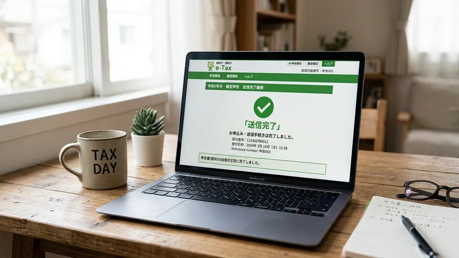 完成した確定申告書のPDFプレビュー画面が日本語で表示されている。画面には「申告