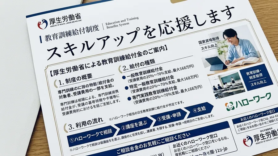 厚生労働省の認定マークが入った、教育訓練給付金制度の案内パンフレットの表紙。日本