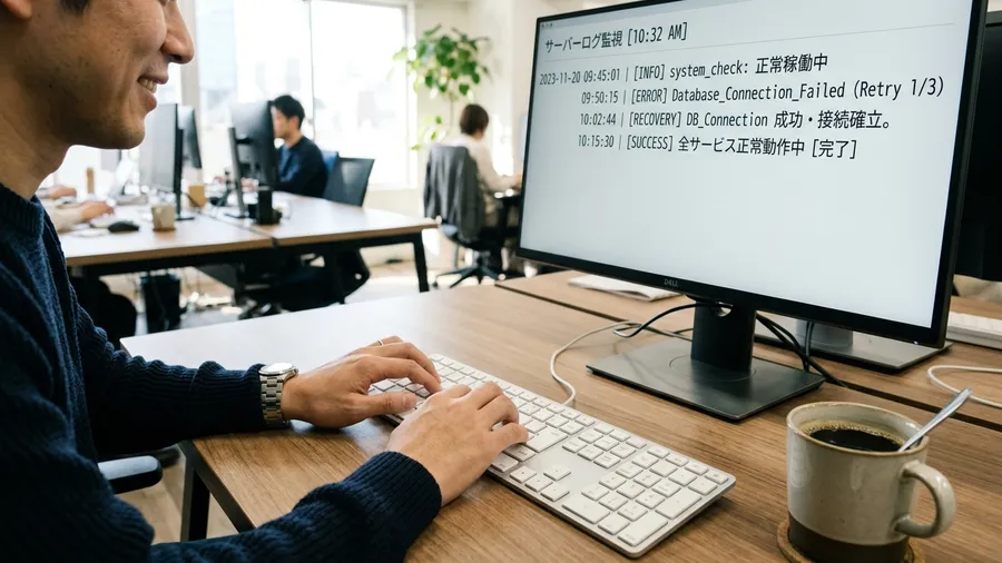 朝の明るいオフィス。コーヒーカップを横に、PC画面のログファイルを確認しながら、安堵の表情でキーボードを叩く人の手元。realistic photo style。日本語テキストを含む画面