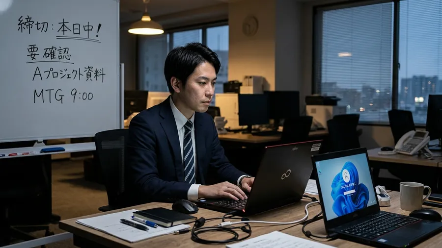 古びたグレーの事務デスクの上で、電源が入ったばかりのノートPCが青白い光を放って