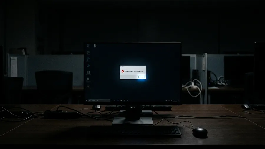 暗いオフィスで、PCのモニターに「OK」ボタンだけの小さなエラーメッセージが表示されている。周囲は真っ暗で、モニターの光だけが虚しく浮き上がっている。realistic photo style。日本語テキストを含む画面