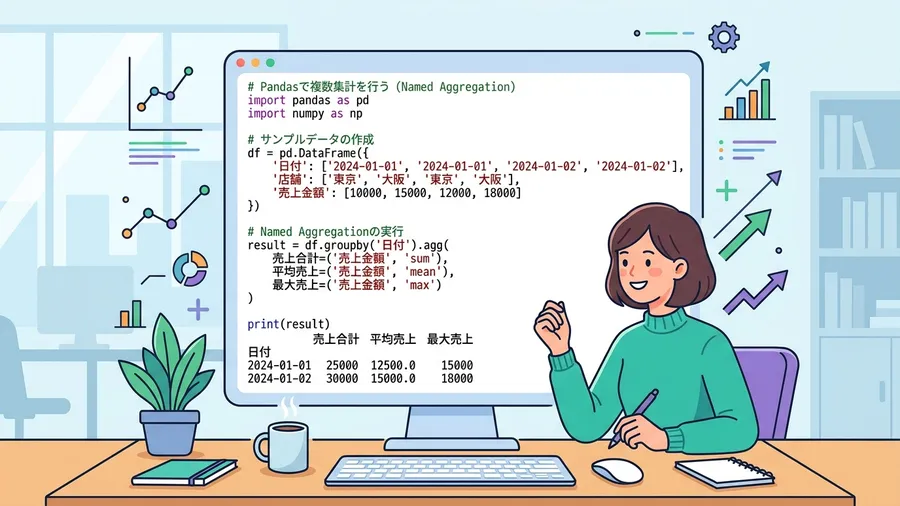 Named Aggregationで複数集計を実行する画面。日本語の列名指定を含