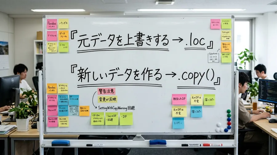 ホワイトボードに「元データを上書きする → .loc」「新しいデータを作る → 