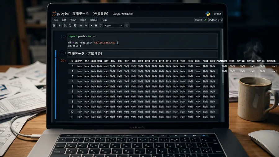 pandasのデータフレームを表示した画面。多くのセルが「NaN」で埋め尽くされ