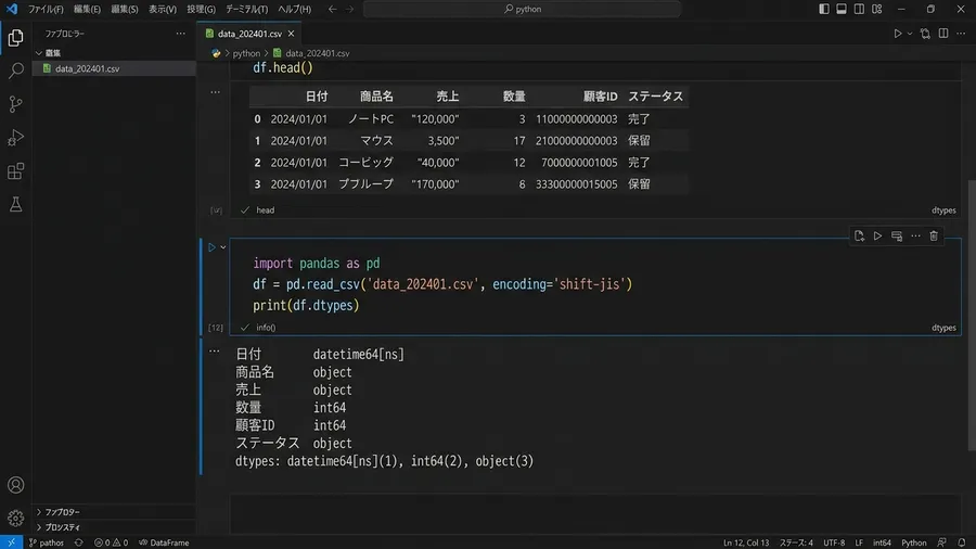 日本語の文字が含まれるExcelファイルから読み込んだデータフレームの、dtyp