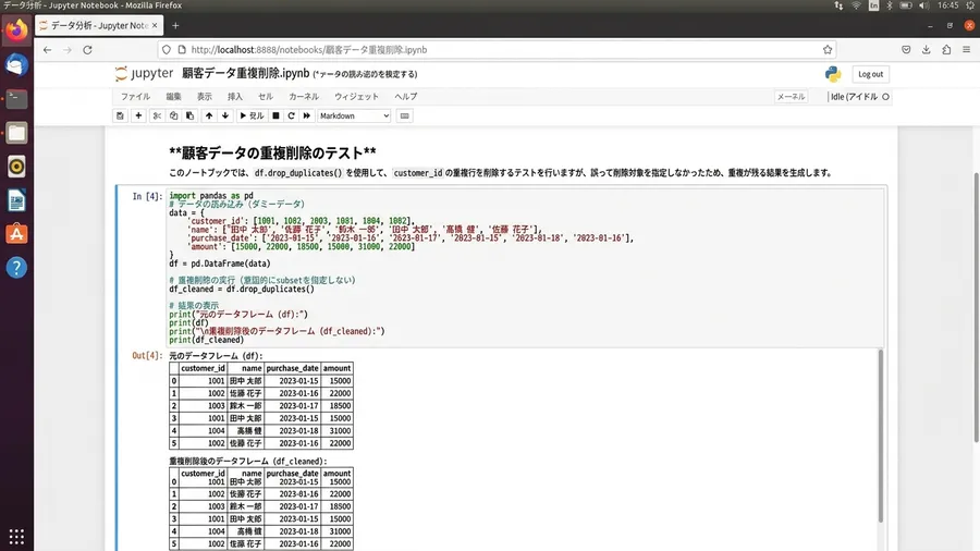 日本語の文字が含まれるJupyter Notebookの画面。コードを実行した直