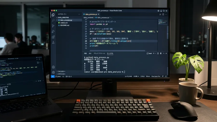 日本語のコメントが添えられたPythonコードです。fillna(0)を使って欠