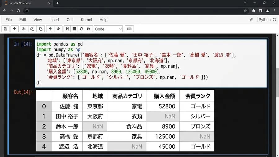 出力されたデータフレームの特定のセルが、NaNというグレーの文字で埋め尽くされて