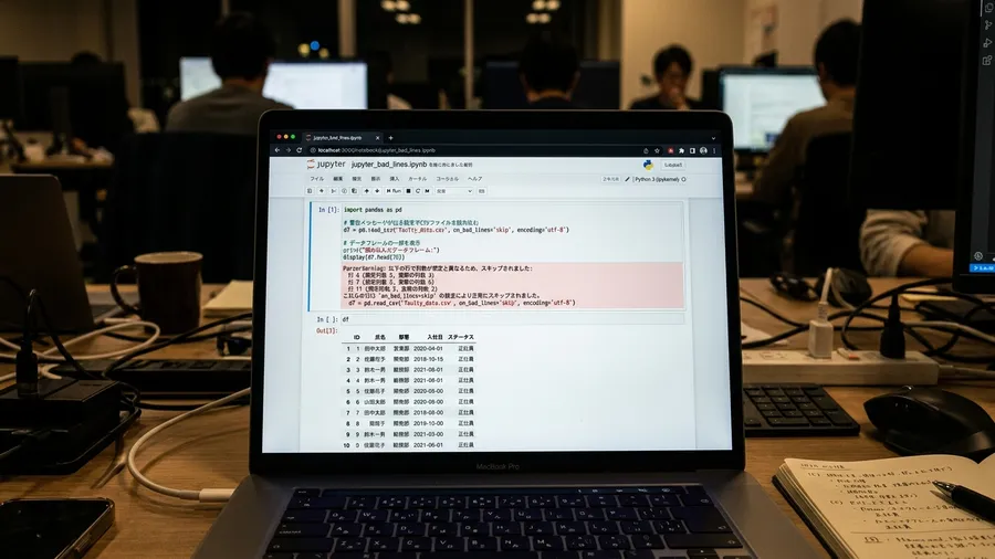 on_bad_lines='skip'を指定してCSVを読み込み、日本語の警告が