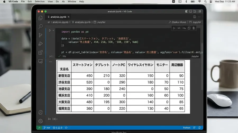 日本語の支店名と商品名が並ぶピボットテーブルです。NaNがすべて0に置き換わり、