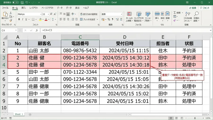日本語のExcel風の表。氏名と電話番号は同じだが、受付日時だけが数秒ずれている