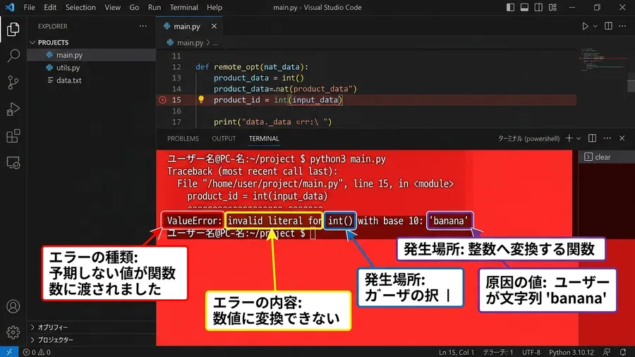 VS Codeのターミナル画面です。赤背景の白抜き文字でValueErrorが表