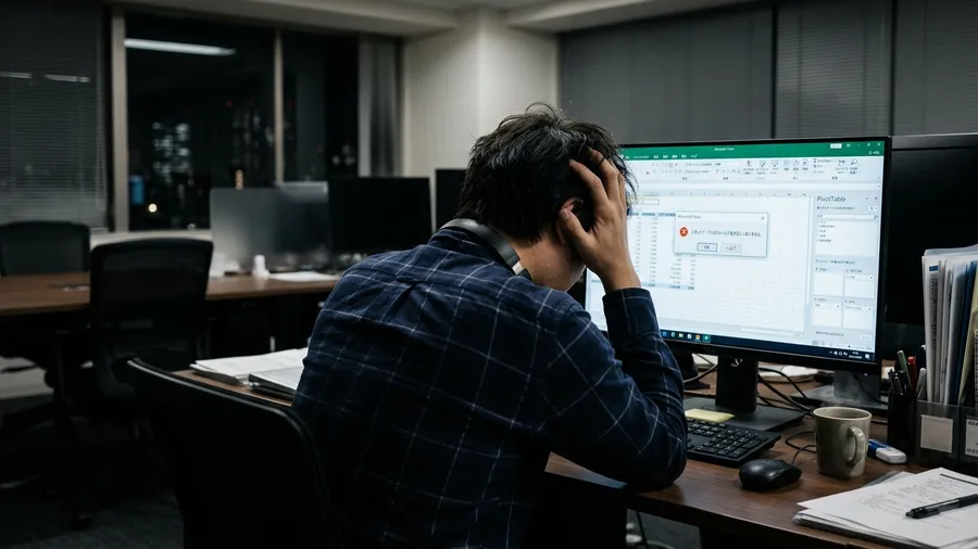 薄暗いオフィスで、画面に表示された日本語の「ピボットテーブルのフィールド名が正し
