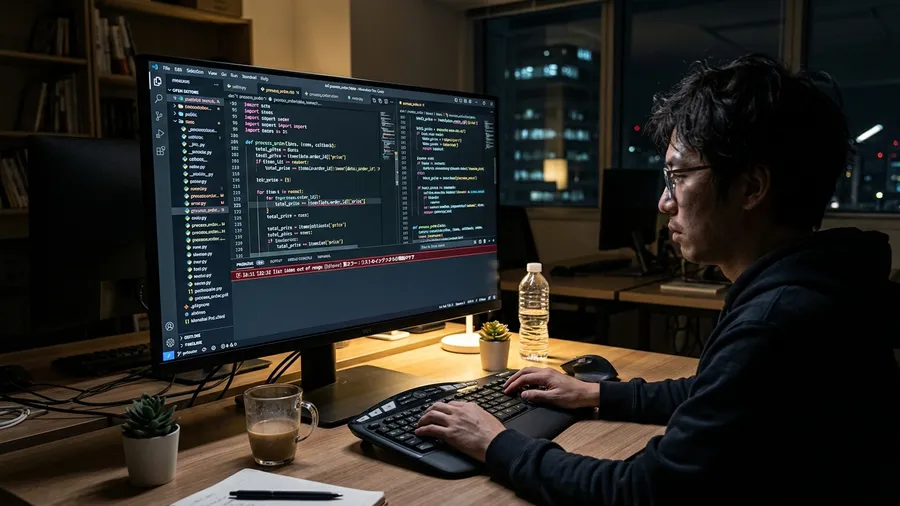 薄暗いオフィスで、画面いっぱいに並んだ複雑なPythonコード。エラー箇所を示す