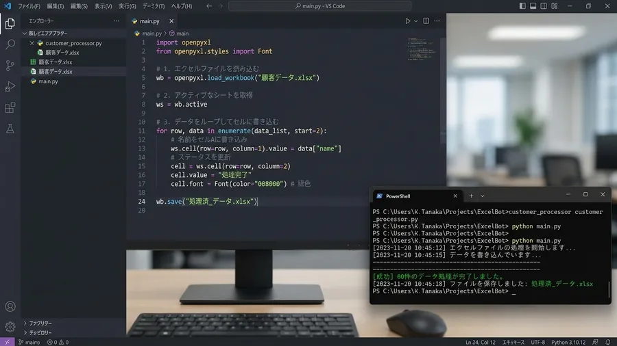 Pythonのコードエディタにopenpyxlのload_workbookやws['B3'].valueという記述があり、日本語のコメントが添えられている。背後にはターミナル画面で「60件処理完了」の文字。realistic screenshot style