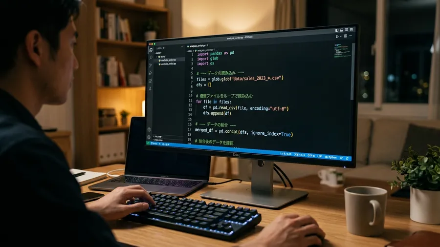 黒い背景のコードエディタにＰａｎｄａｓの処理が書かれている。日本語のコメントが「