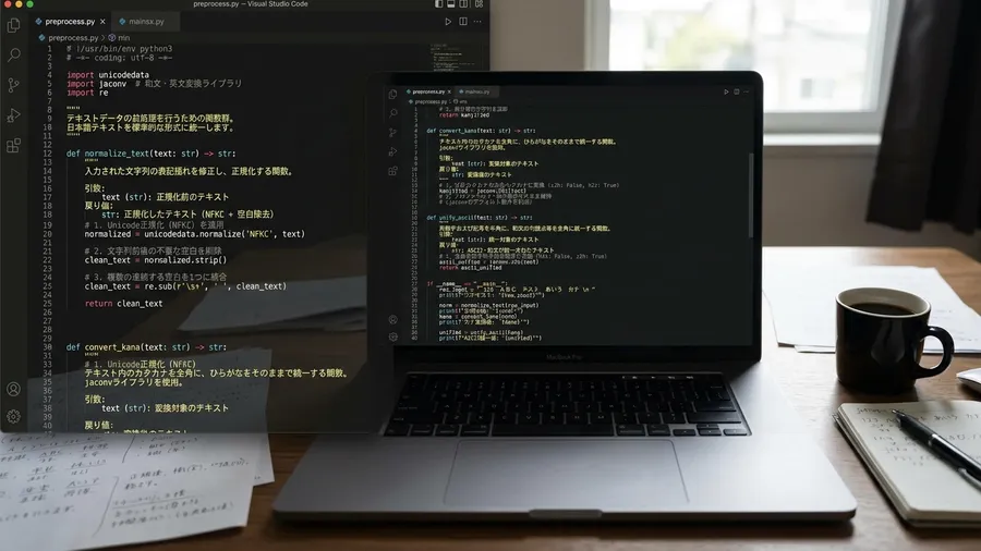 Pythonスクリプトの画面です。日本語を処理する関数が定義されています。複数の
