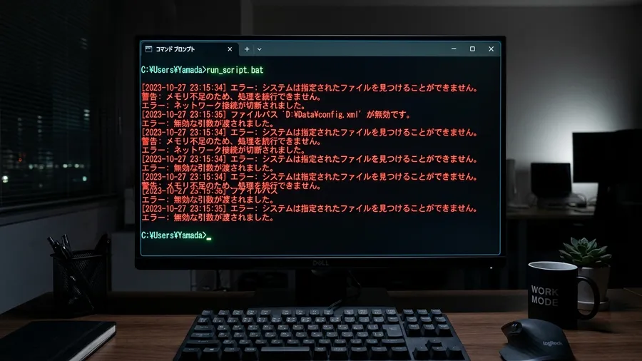 日本語インターフェースのWindowsコマンドプロンプト画面。赤い文字で複雑なエ