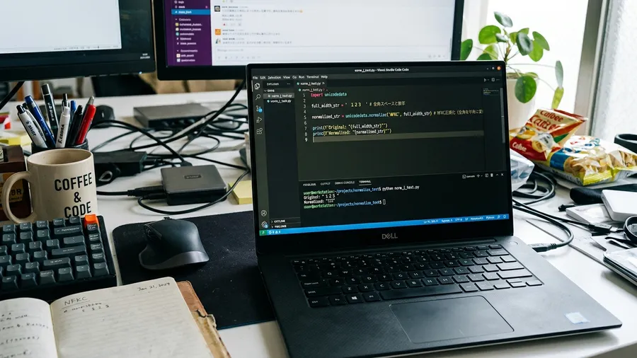 エディタに短いPythonコードが書かれています。日本語の全角文字が半角に変換さ