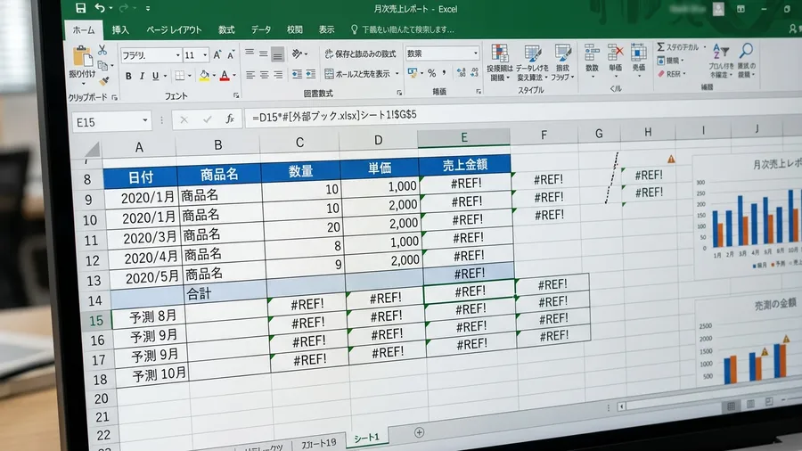 月次レポート表で複数セルに#REF!が出た画面。数式バーに壊れた参照が見える日本