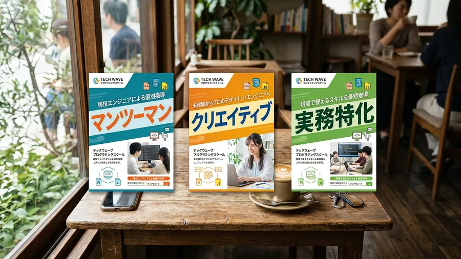 カフェのテーブルに並べられた3校のパンフレット。それぞれに「マンツーマン」「クリ
