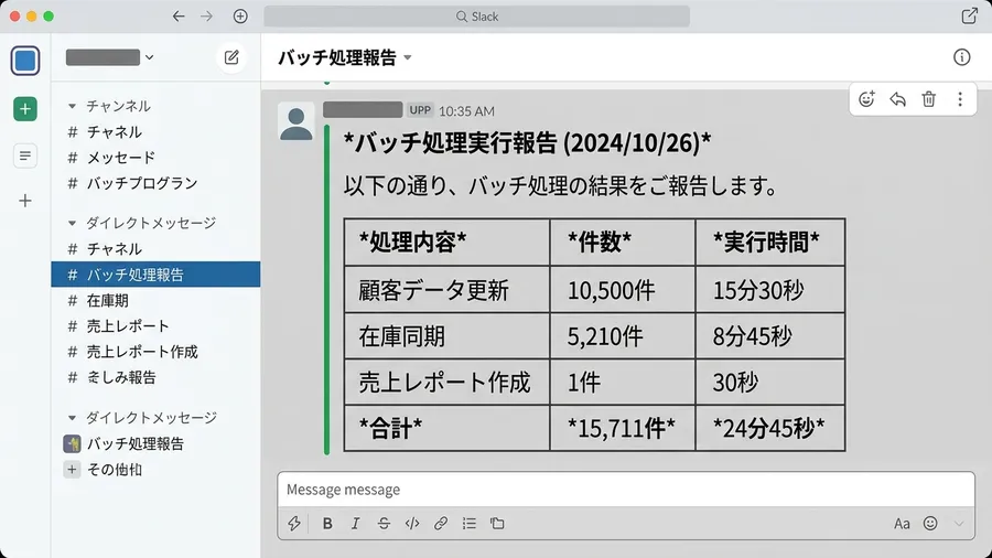 Slack上で綺麗に整理された通知メッセージ。太字で見出しがあり、処理件数や実行