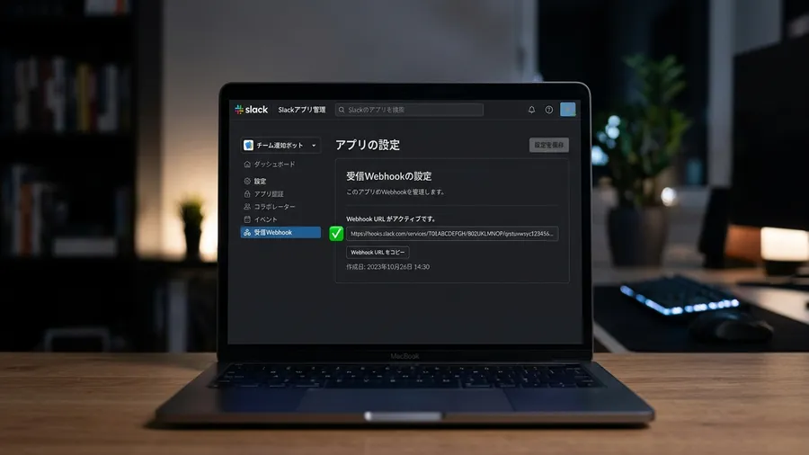 ブラウザのSlack App設定画面で、緑色のチェックマークと共にWebhook