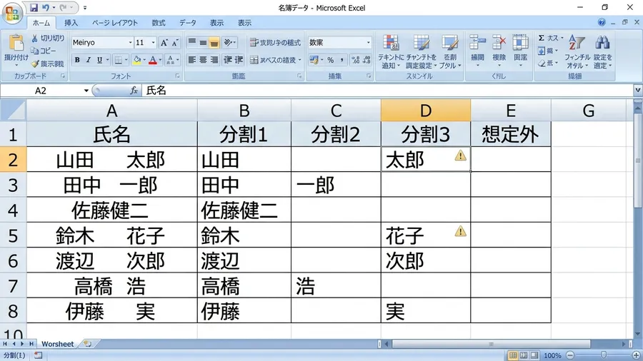 氏名列にスペースなし、スペース1つ、スペース2つのデータが混ざり、split結果