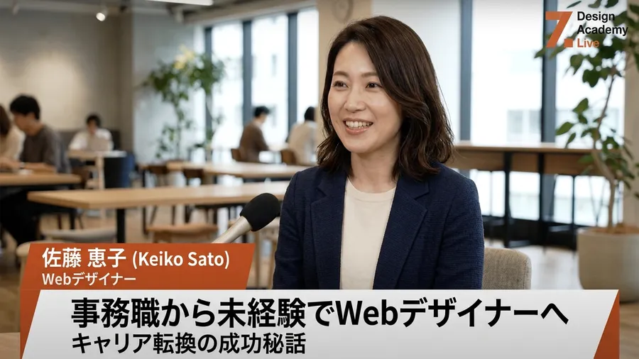 Webデザインの学習を終えて笑顔で話す、私と同じような年代の女性受講生のインタビ