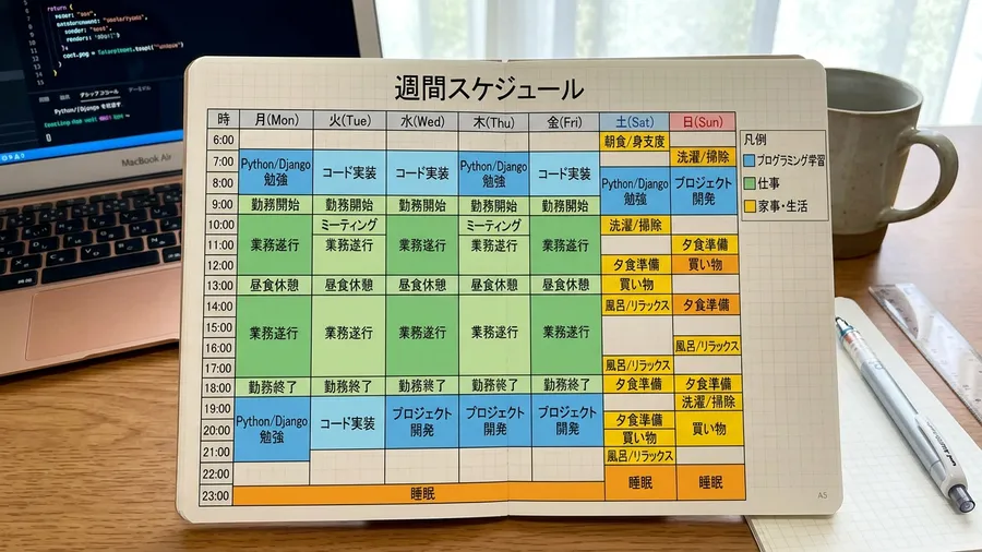 日本語で書かれた一週間のタイムスケジュール表。色分けされたブロックで「プログラミ