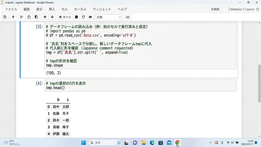 tmp = df['氏名'].str.split(' ', expand=Tru