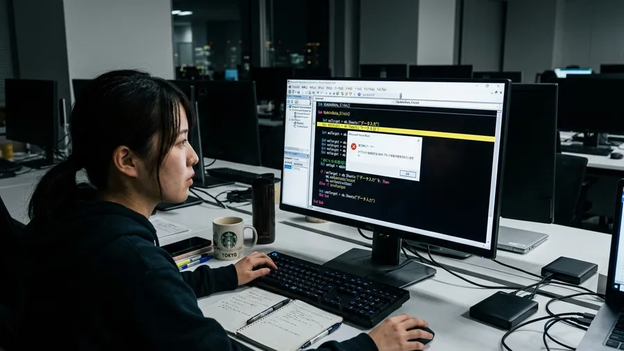 薄暗いオフィスで、デスクトップPCの画面にVBAの黄色いデバッグ行が表示されてい