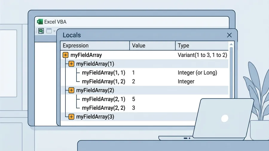 VBAのローカルウィンドウを表示し、FieldInfoに渡す配列変数の階層構造を