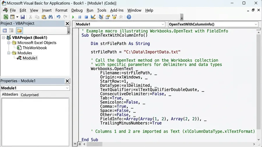 VBAエディタでWorkbooks.OpenTextの引数FieldInfoに複