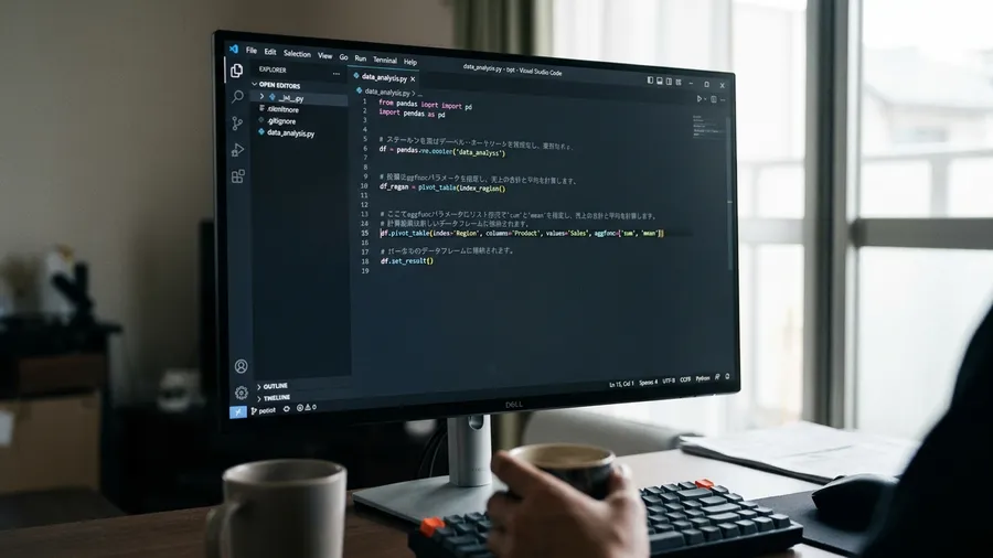 VS Codeの編集画面で、aggfuncにリスト形式でsumとmeanを指定し