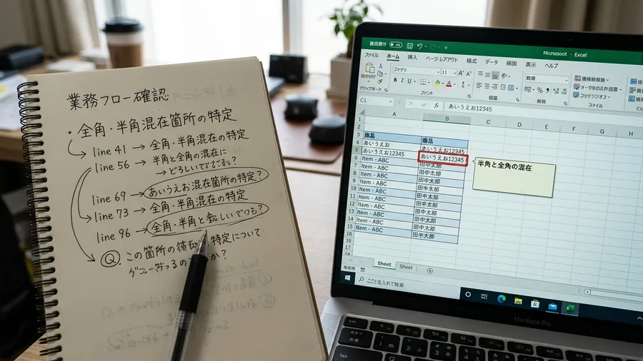 書きかけのメモ帳と、開いたままのエクセル。画面内のエクセルには「半角と全角の混在