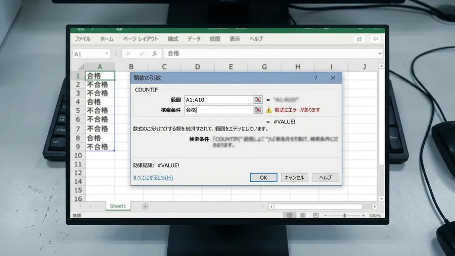 日本語版Excelの関数入力ダイアログボックスです。
COUNTIFの検索条件欄