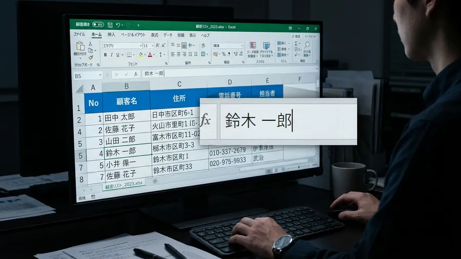 日本語の顧客リストが並ぶExcelシートです。
特定のセルを選択して数式バーを表
