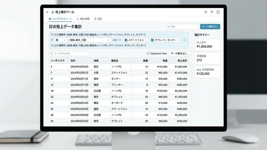 日本語の文字が含まれる売上集計表のデータフレームが表示されている。特定の行が削除