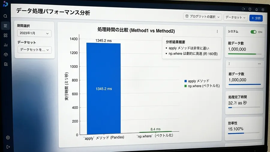 日本語インターフェースのグラフ描画ライブラリで作成されました。処理時間の比較を示