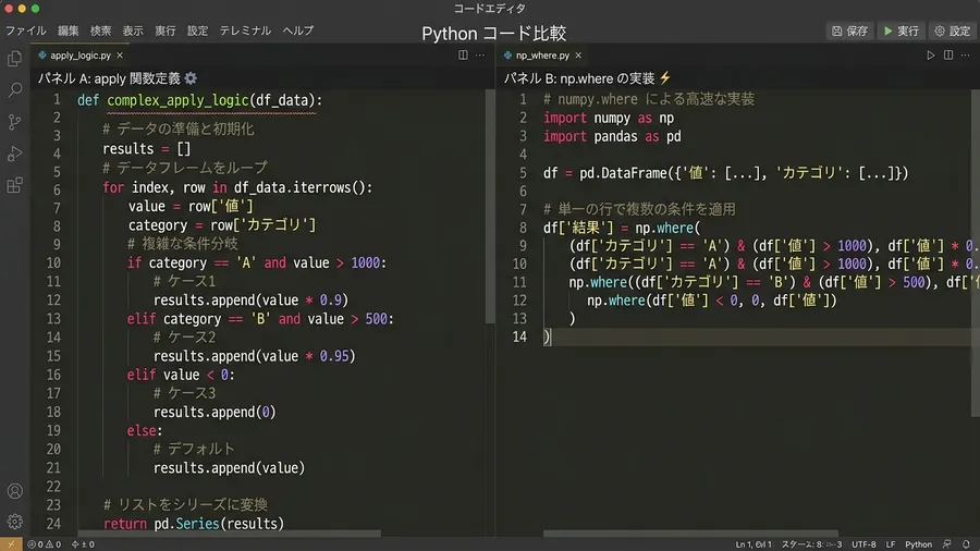 日本語の文字が含まれるPythonコードの比較画面です。左側に長いapplyの関