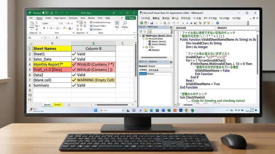 Excelのシート名一覧とVBAコード画面を並べ、ファイル名に使えない記号と空欄